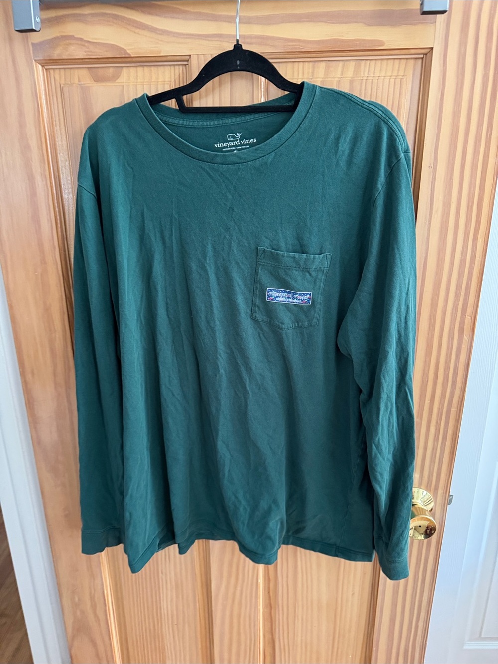 Vineyard Vines Deep Green Long-Sleeve Pocket Tee with Holiday Logo